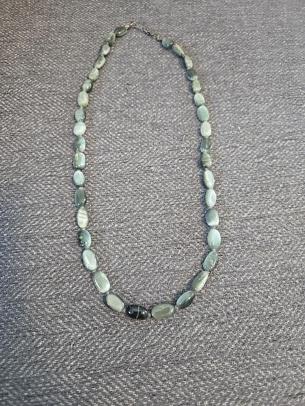 Gray Oval Bead Necklace 20” Polished Stone Look Silver Tone Clasp